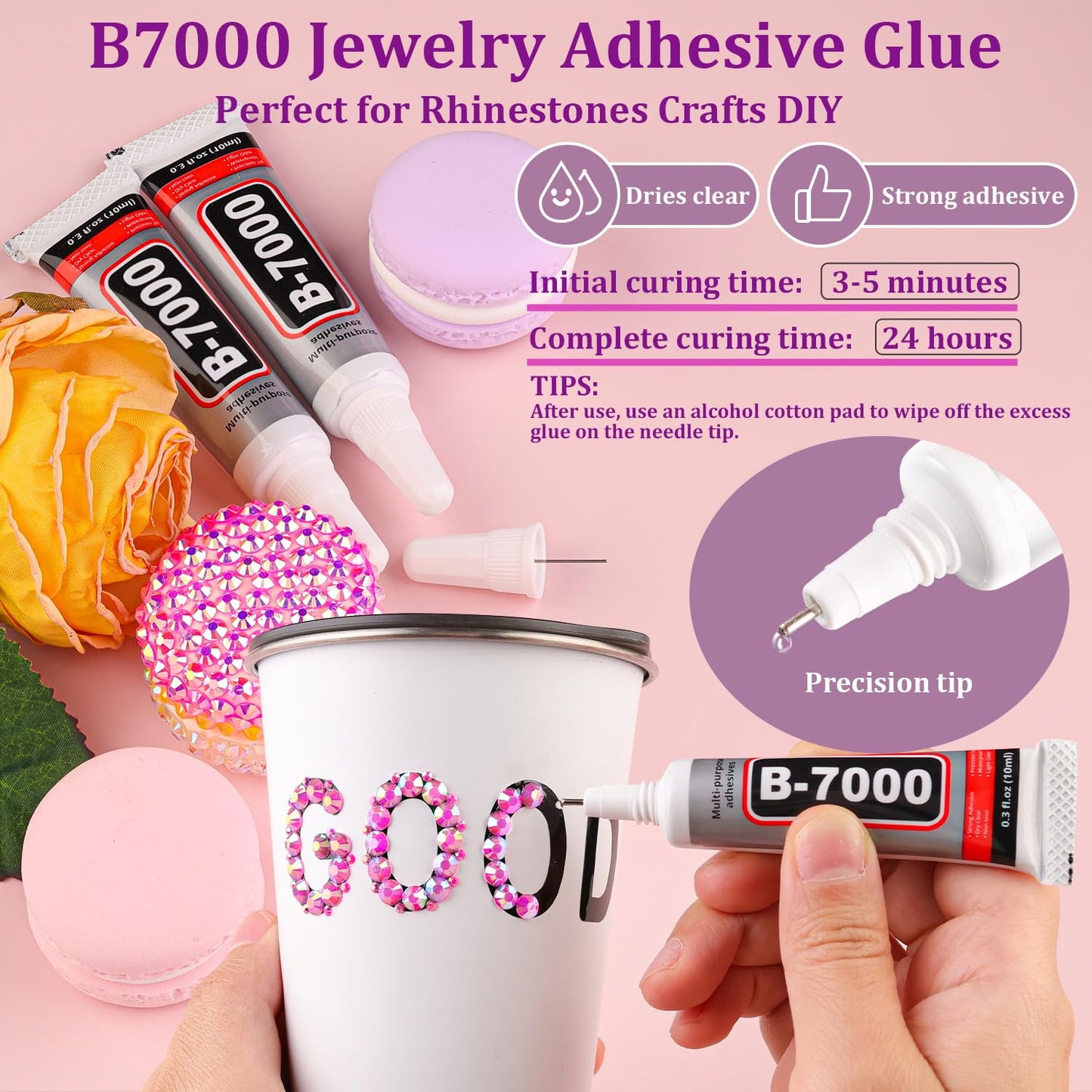 Resin Jelly Rhinestones for Crafting with B7000 Jewelry Glue, 2 Boxes Hot Pink AB Flatback Crystals with 3Pcs 10ml Glue, Bedazzling Non Hotfix Gems for DIY Tumblers Clothing Shoes Manicure-BrightBean Baby