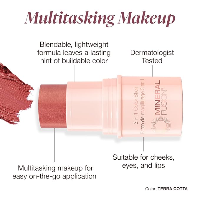 Mineral Fusion 3-in-1 Color Stick, Instant Color Pop and Blush for Cheeks, Creamy Lightweight Formula, Multi-Use Eye, Face, and Lip Makeup, Terra Cotta-BrightBean Baby