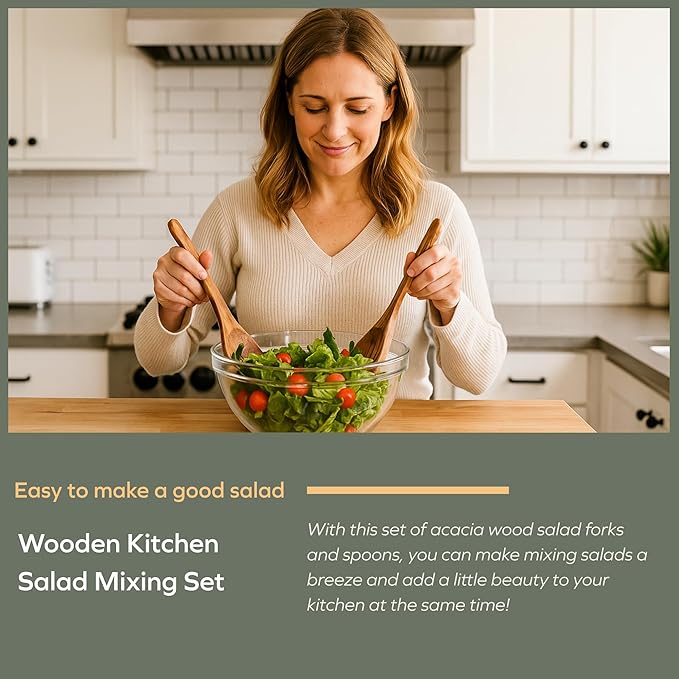 Muso Wood Acacia Salad Servers, 12-inch Wooden Salad Tongs for Serving Salad Mixes, Set of 2 (Acacia salad servers)