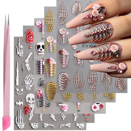 5 Sheets Halloween Nail Art Stickers Decals 5D Nail Decals Gold White Bone Pattern Sticker Self-Adhesive Skull Nails Supplies Accessories 3for Women Halloween Nails DIY Decoration-BrightBean Baby