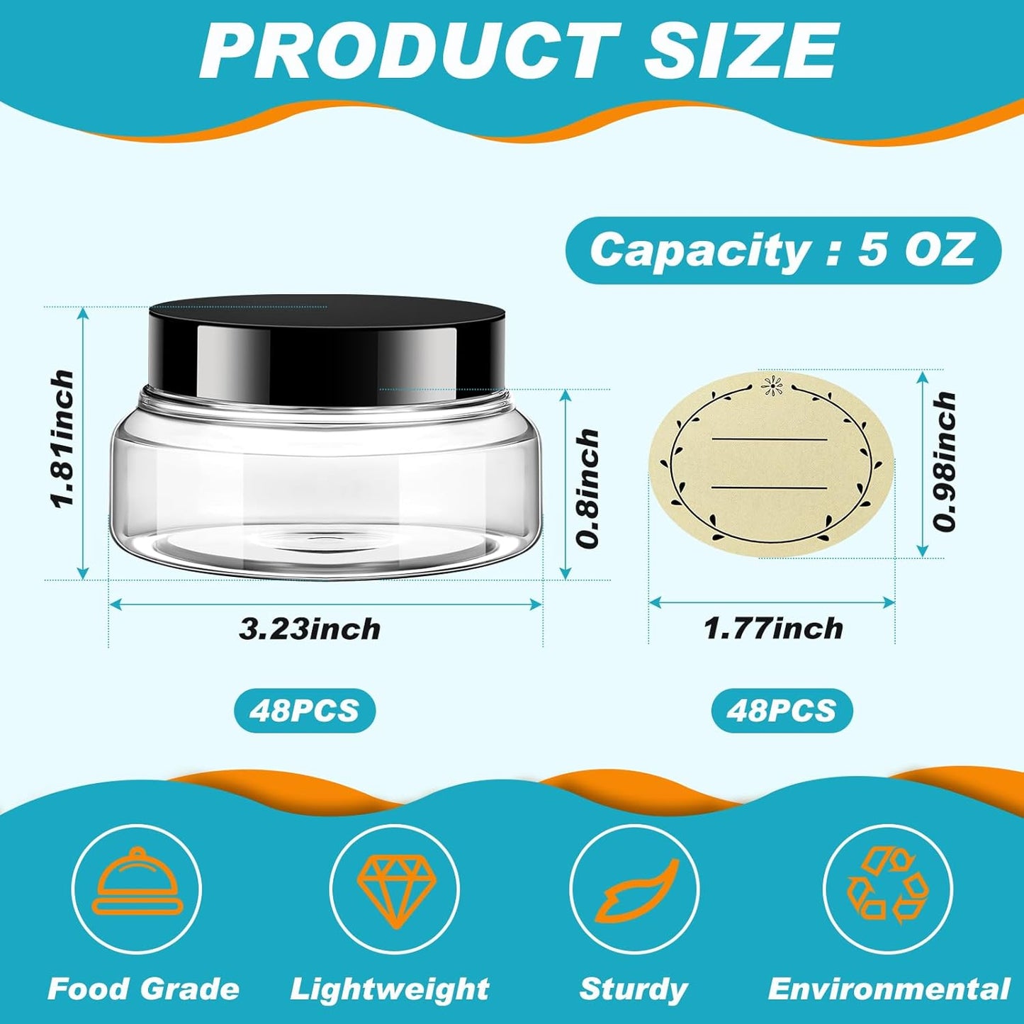 Tessco 48 Pcs Plastic Jars with Lids and Labels Body Scrub Jars Round Refillable Cosmetic Containers Empty Butter Travel Containers for Sugar Scrub Lotions Cosmetics Cream (5 oz,Clear)-BrightBean Baby