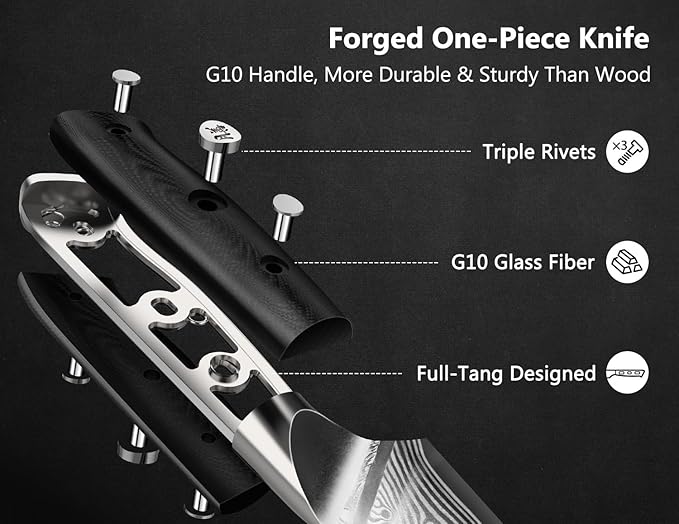 SHAN ZU Steak Knife of 7, 4.5 Inch Damascus Steak Knife Set with Block, Japanese High Carbon Steel Kitchen Serrated Knives Set with Ergonomic G10 Handle and Gift Box