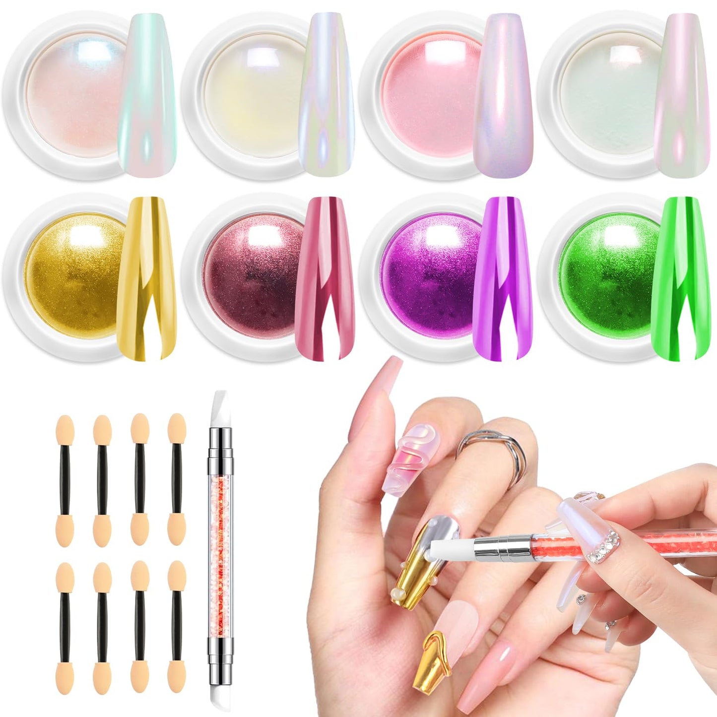 Gold Chrome Nail Powder BISHENGYF -【Fairy Effect】Pink Chrome Nail Powder White Pearl Aurora Mermaid Iridescent Rose Gold Red Nail Chrome Powder Metallic Mirror Glitter Pigment Dust for Nail Art DIY-BrightBean Baby