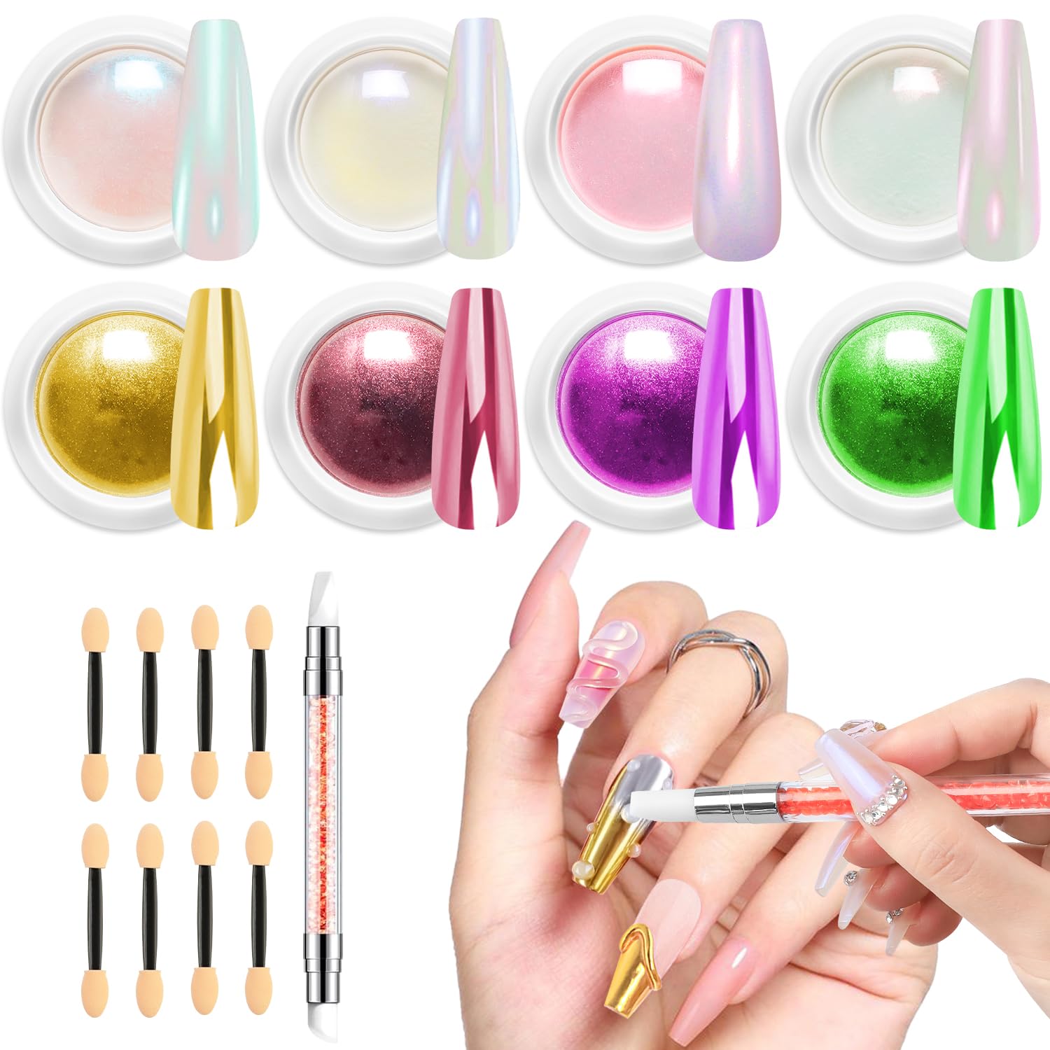 Gold Chrome Nail Powder BISHENGYF -【Fairy Effect】Pink Chrome Nail Powder White Pearl Aurora Mermaid Iridescent Rose Gold Red Nail Chrome Powder Metallic Mirror Glitter Pigment Dust for Nail Art DIY-BrightBean Baby