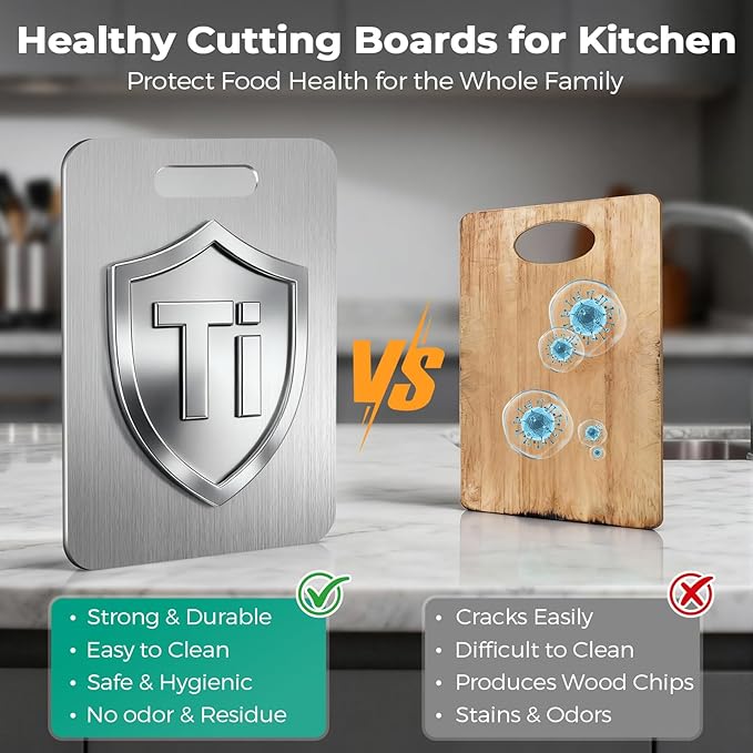 Katuchef Titanium Cutting Board - Upgraded 100% Pure Titanium Cutting Boards for Kitchen Non Toxic, Double-Grade Hygiene Durable Non Moldy Dishwasher Safe Meat Fruit Metal Board (1PC 9x13.5 Inch)