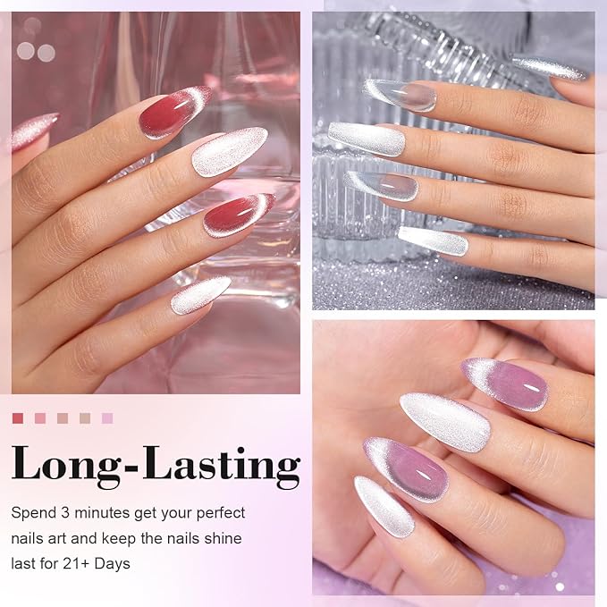 RARJSM Cat Eye Gel Nail Polish Set 6 Pcs Magnetic Sparkle Diamond Glitter Nude Pink Light Purple Red Silver Sheer Pink Velvet Ice Jelly Gel Polish with Magnet Stick UV LED Curing Requires Soak Off-BrightBean Baby