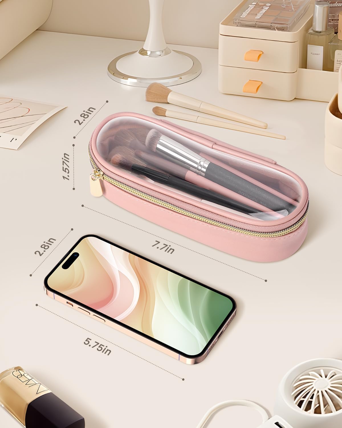 Clear Travel Makeup Brush Holder, Leather Makeup Brush Toiletry Bag, Portable Cosmetic Brush Case, Transparent Waterproof Makeup Brush Storage Bag, Pink-BrightBean Baby