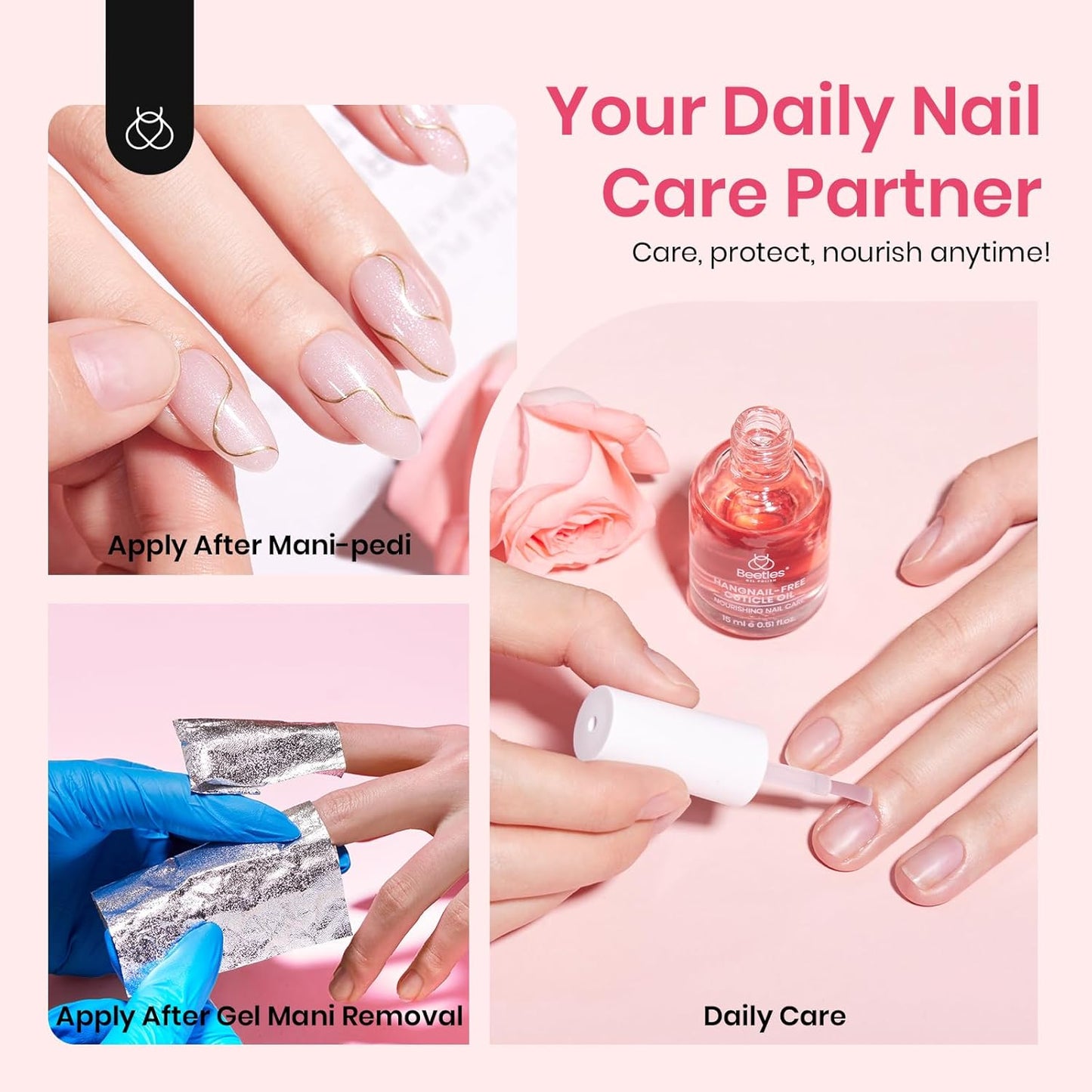 Beetles Cuticle Oil for Nail & Cuticle Care, 15ml Natural Rose Smell Oil with Vitamin E Nourish Condition Dry Stronger Nails SPA & Hand Manicure DIY Salon Needs Gifts for Her Women-BrightBean Baby