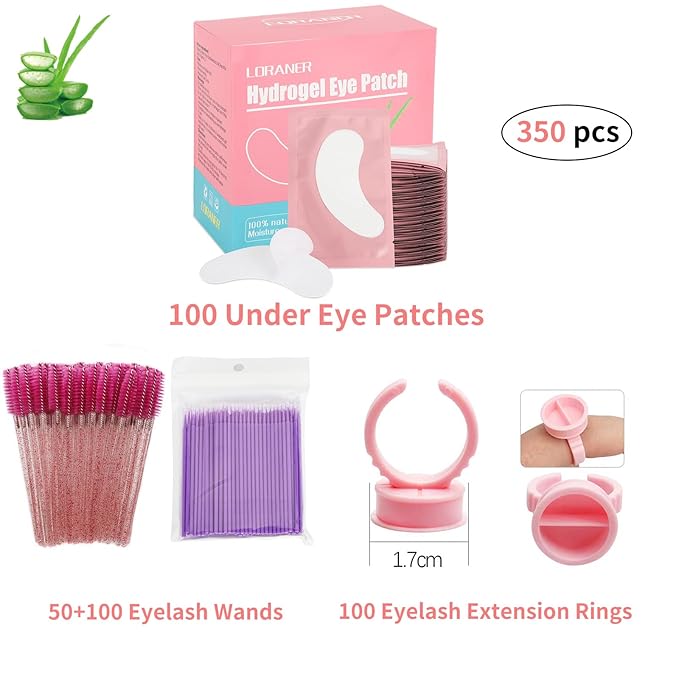 350 PCS Under Eye Gel Pads,Eyelash Mascara Brushes,Holder Eyelash Extension Rings - 100% Naturel Lint Free,Comfy and Cool,Eyelash Extension Eye Pads,Hydro gel Eye Patches Beauty Tool(Pink)-BrightBean Baby