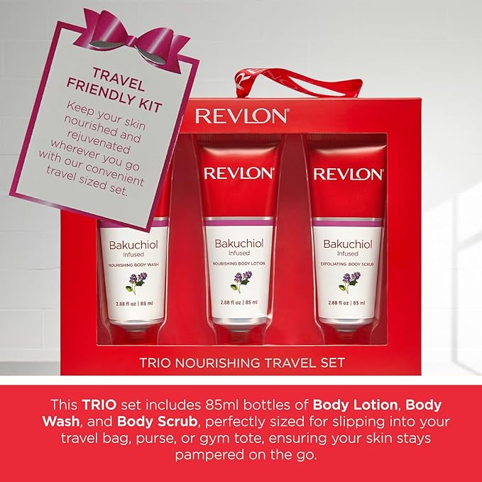 REVLON Get Carried Away Trio Nourishing Travel Set, Bakuchiol Infused, Nourishing Body Wash, Body Lotion, Exfoliating Body Scrub, 3 Count (2.88 fl oz)-BrightBean Baby