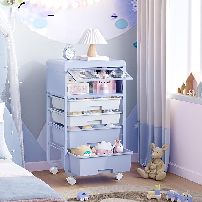 Utility-Rolling-Storage-Drawer-Craft-Cart-Organizers with 4 Drawers & Dust-Proof Door for Kid Craft Art Room,Bedroom,Home Office, Lavender Purple-BrightBean Baby