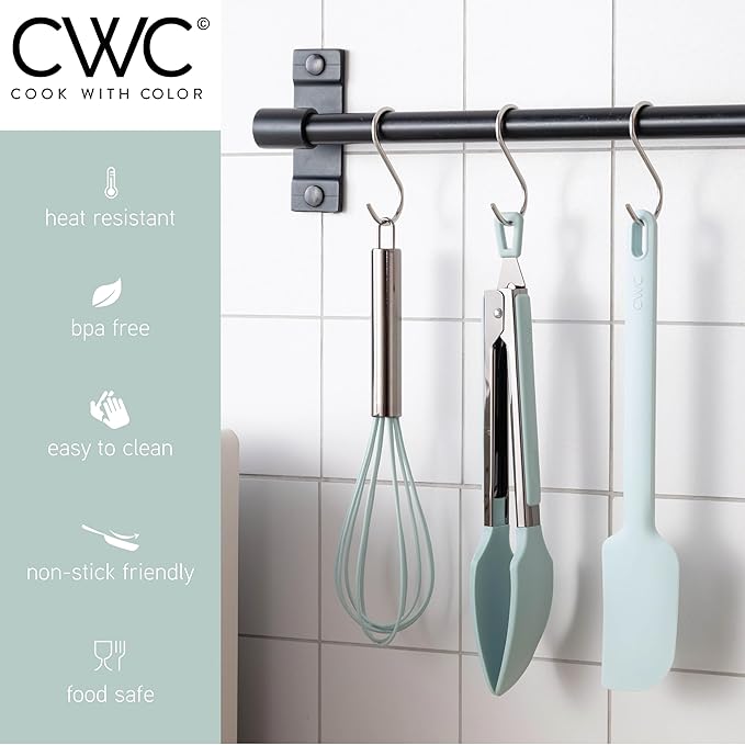 COOK WITH COLOR Stainless Steel Silicone Tipped Kitchen & BBQ Tongs Set, 3 Pc Utensils, Green