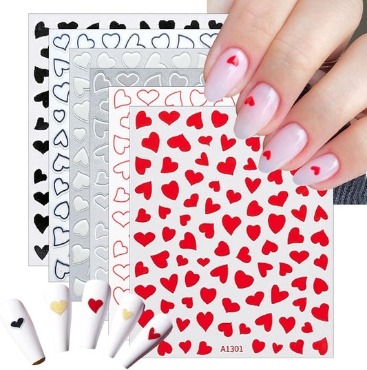 6 Sheets Valentine's Day Heart Nail Art Stickers Decals 3D Self-Adhesive Nail Decals Cute Red and Black Hollow Out Heart Nail Supplies for Women and Girls Valentines DIY Manicure Decorations-BrightBean Baby