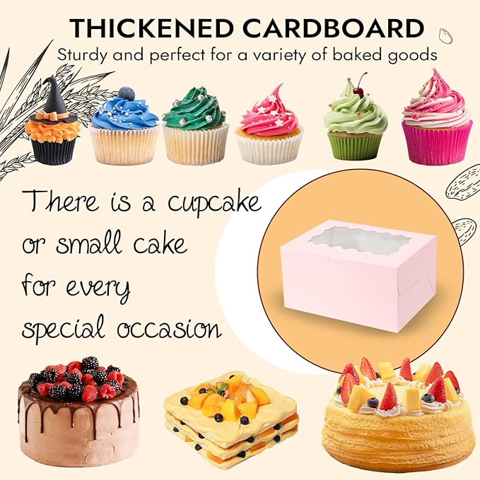 JCD 8Pcs Pink Cake Cupcake Combo Boxes Clear Lid with 2 Cupcake Holes -Clear Window Bento Cake Boxes for Bakery Baking Supplies(Pink 1+2/8Pcs)