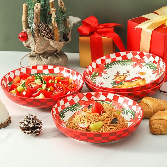 HASENSE Pasta Bowls Set of 4, 42 Ounce Ceramic Salad Serving Bowl for Kitchen,9.7 Inch Large Shallow Bowls for Pasta Soup Salad Dinners,Holiday Gatherings,Christmas, Dishwasher & Microwave Safe