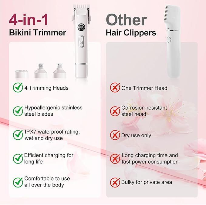 Bikini Trimmer for Women, 4 in 1 Wet/Dry Electric Razors for Women - Dual Head, Painless Rechargeable Portable Womens Razors for Shaving Set for Face, Nose, Eyebrows, Armpits, Bikini Area (White)-BrightBean Baby
