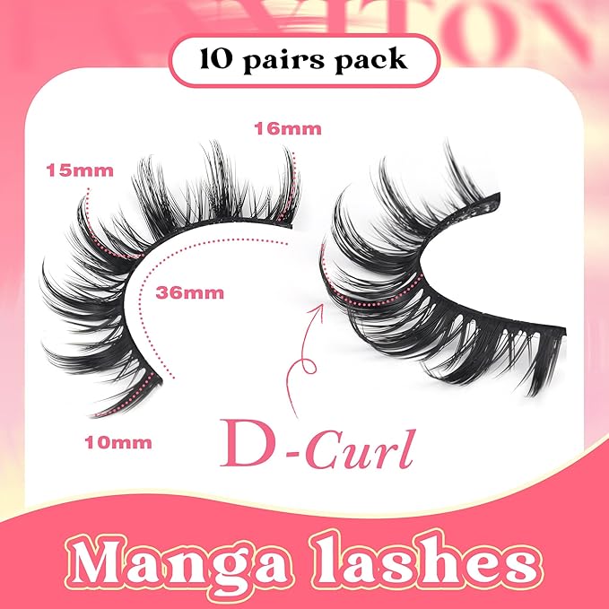 False Eyelashes Manga Lashes 10 Pairs False Eyelashes Japanese Style D Anime Lashes Natural Cosplay Lashes Natural Look 15 MM Wispy Faux Mink Lashes Full Strip Doll Lashes by FANXITON-BrightBean Baby