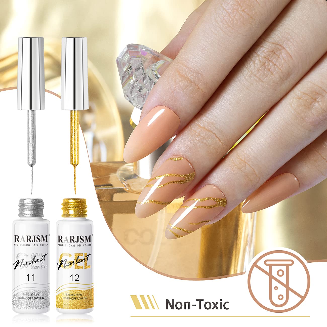 RARJSM Gel Liner Nail Art Silver Gold Glitter Nail Design Polish Painted Gel Nail Polish Set 2Pcs Soak off Curing Requires 8ml Build in Thin Brush for Home Salon Diy Nail Decoration Dotting Painting-BrightBean Baby