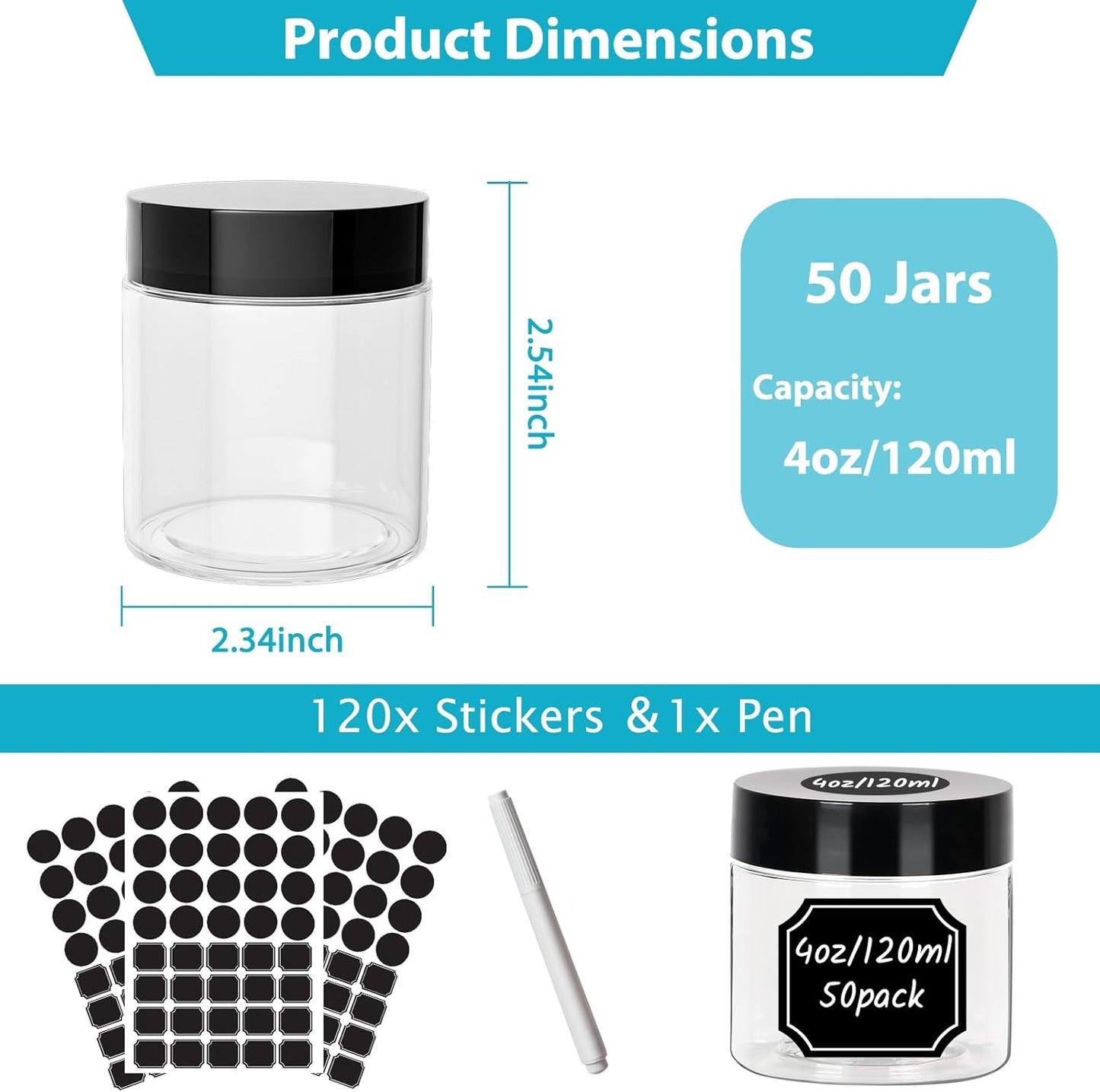 4 oz Clear Plastic Round Jars with Black Lids, 50pcs 4oz 120ml Leak-Proof Wide-Mouth Cosmetic Storage Containers for Kitchen Use, Beauty Products, Cream, Scrubs, Bath Salt and More-BrightBean Baby