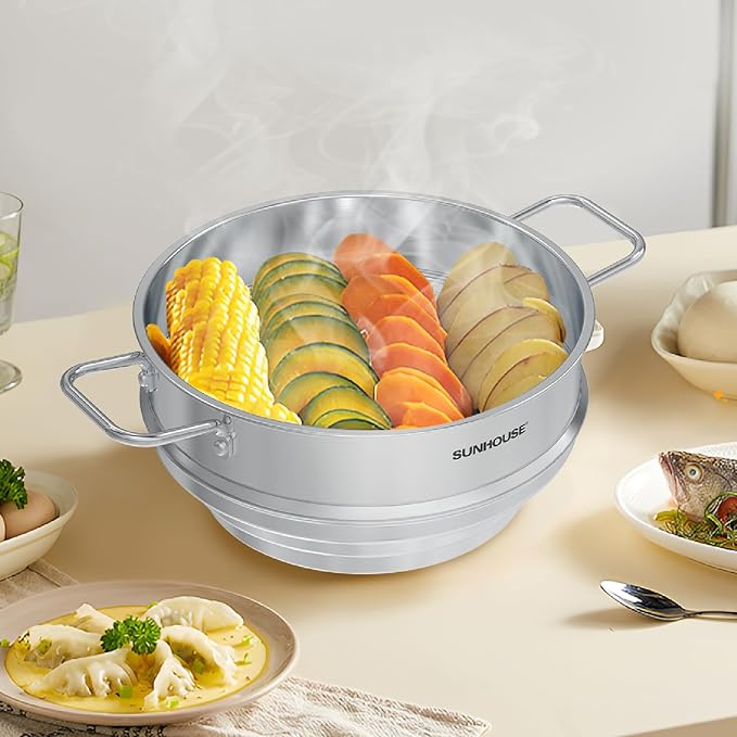 SUNHOUSE 5 Quart Stainless Steel Steamer Insert - Universal Fit Vegetable Steamer
