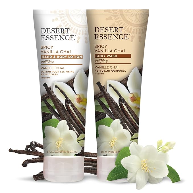 Desert Essence Spicy Vanilla Chai Hand & Body Lotion, Uplifting, Smoothes & Softens Skin, No Greasy Residue, Aloe Vera, Shea Butter, Vitamin E, 8 Fl Oz-BrightBean Baby