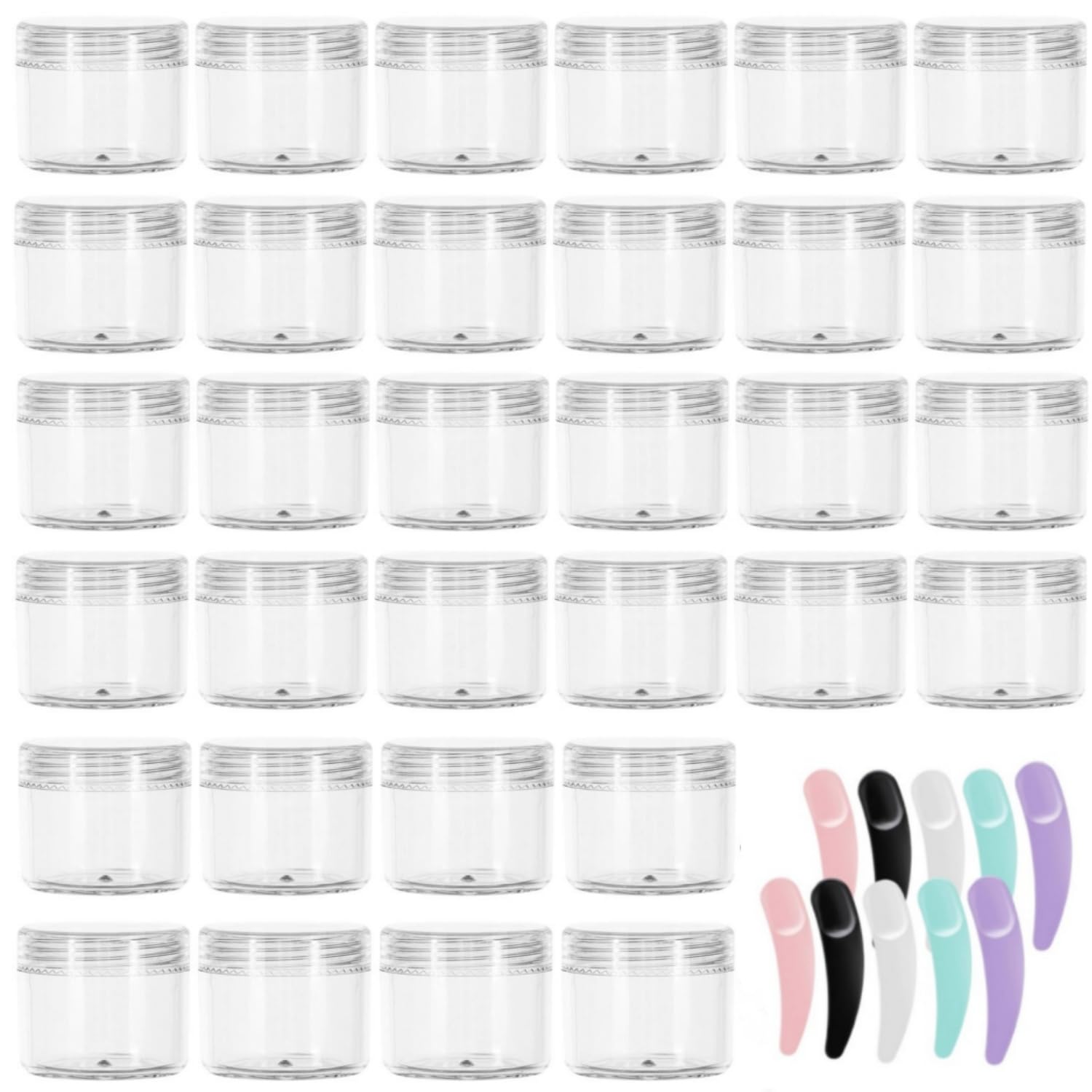 Refillable Cosmetic Sample Jars - 100 Pack 20g (0.7oz) Clear Small Travel Containers with Lids + 10 Mini Makeup Spatulas - BPA Free-BrightBean Baby