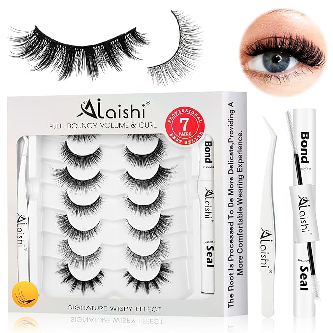 Wispy False Eyelashes Kit With Bond, Seal and Tweezer, 7 Pairs Natural Look Fake Cat Eye Lashes Strips Thin Band Extensions Waterproof Easy Eyelashes for Beginners RQ7Variety Mix-BrightBean Baby