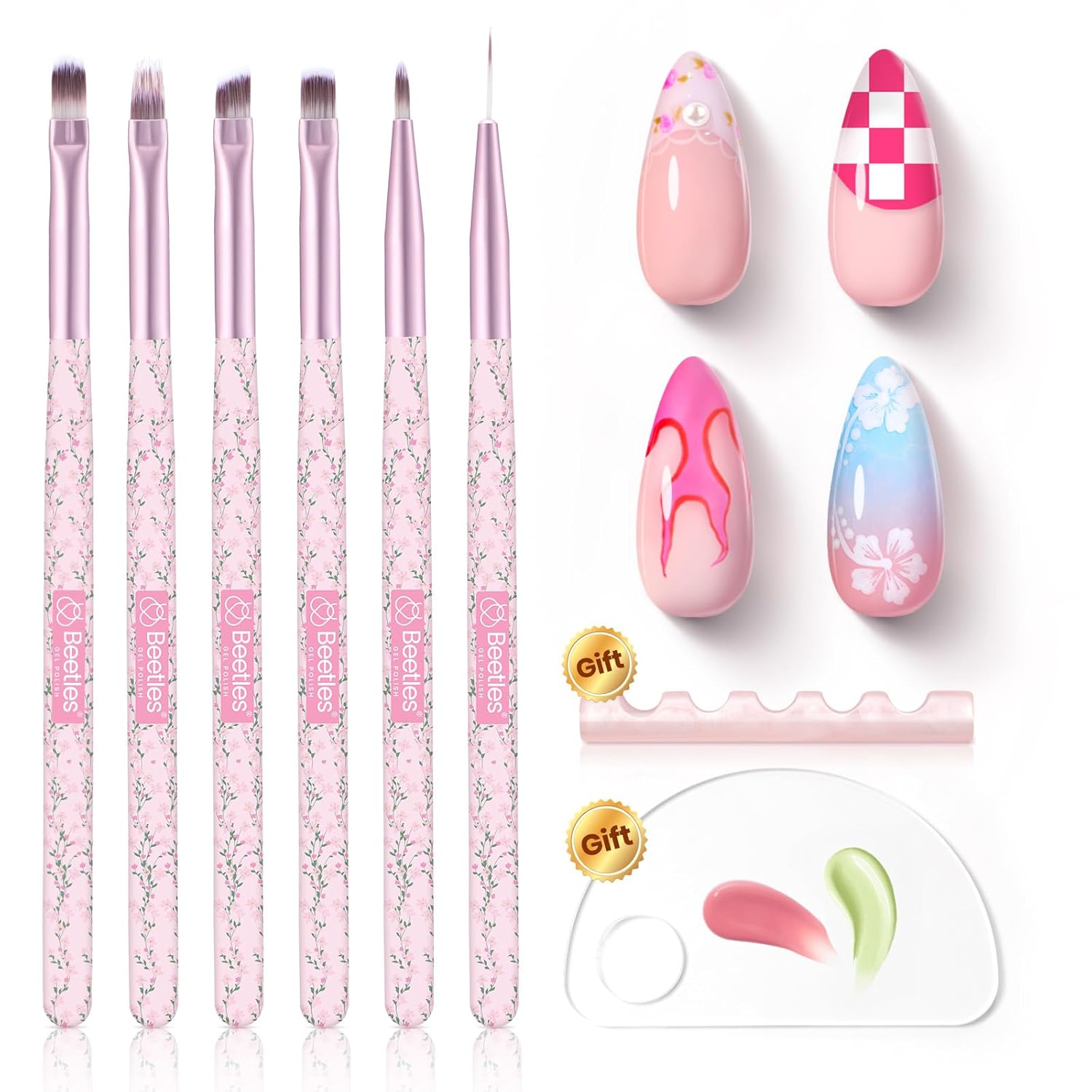 Beetles Gel Polish Nail Art Brushes Set - 6 Pcs Fingernail Art Design Pen, Floral Pattern Handle, Gradient Bristles Nail Brush Set DIY with Palette Dotting Manicure Tool Kit-BrightBean Baby