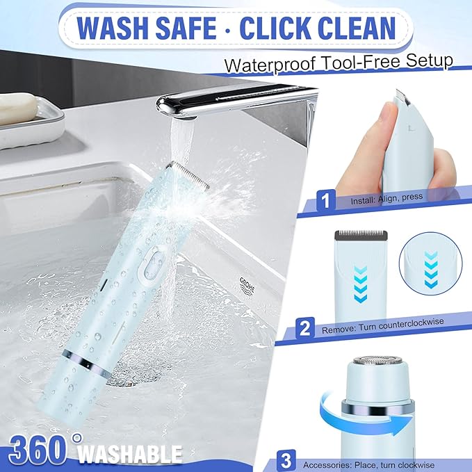 Women's Bikini Trimmer, 2-in-1 Electric Shaver for Bikini Line, Legs, Underarms, Face - Waterproof Women's Electric Shaver for Sensitive Skin, USB Rechargeable (Purple) (Blue)-BrightBean Baby