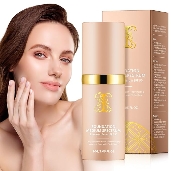 Colour Changing Foundation Liquid 4 in 1, Foundation for Older Women, Hydrating Longwearing & Waterproof Concealer, SPF 50+ Makeup Base Nude Face, Medium Spectrum for all Skin-BrightBean Baby