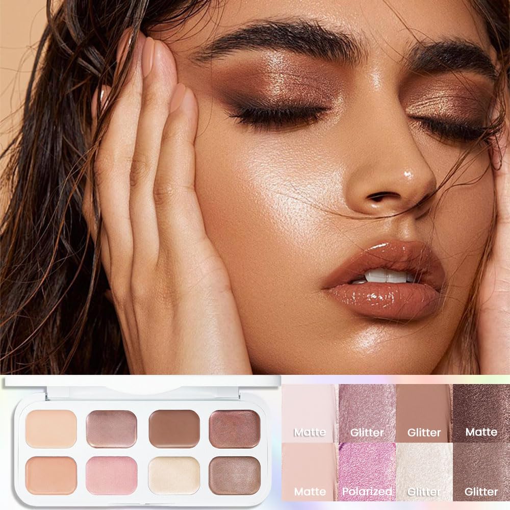 Kaely 8 Colors Cream Eyeshadow Contour Highlighter Palette Makeup, Nude Rose Pink Chocolate Coffee Beige Brown Matte Shimmer Glitter Highly Pigmented Eye Shadow Palette for Older Women Waterproof-BrightBean Baby