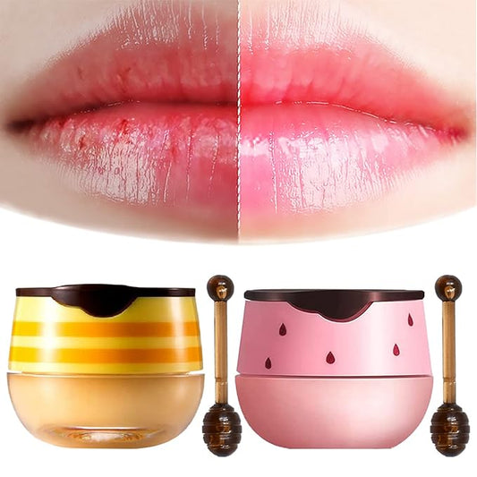 2PCS Lip Balm Honey Pot, Honey Pot Lip Balm for Dry Cracked Lips, Strawberry Lip Balm Scrubs Exfoliator & Moisturizer, Hydrating Lip Balm Honey Pot with Wand, Lip Sleeping Mask (C)-BrightBean Baby