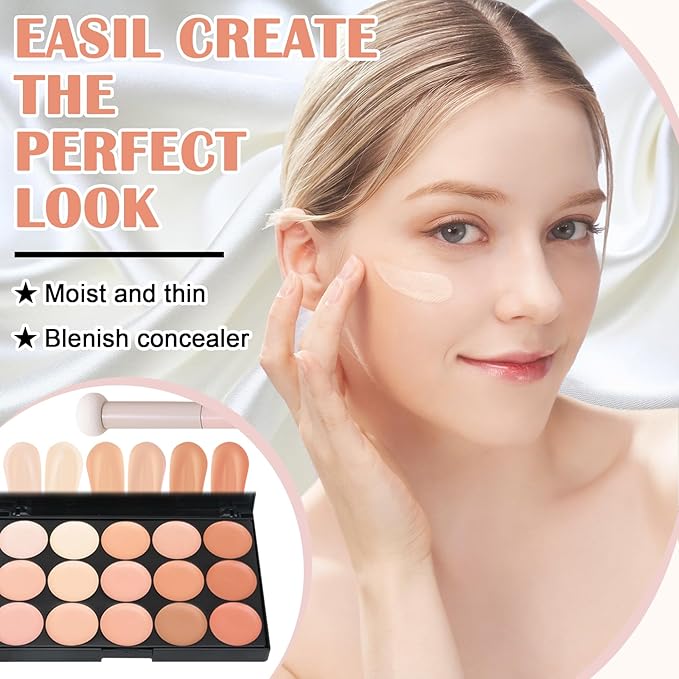 15 Colors Correcting Concealer Contour Palette,Cream Contour Makeup Palette with Brush,Contouring Liquid Foundation Concealer Palette Highlighting Makeup Kit for Conceals Dark Circles,Blemish-BrightBean Baby
