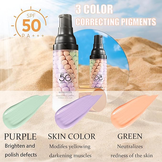 3 In 1Primer for Face Before Makeup,Sunscreen Isolation Cream, SPF 50, One Step Color Corrector Face Primer, Blurs Imperfections Oil Control & Moisturizing Skin Tone Correcting,Radiance Skin-BrightBean Baby