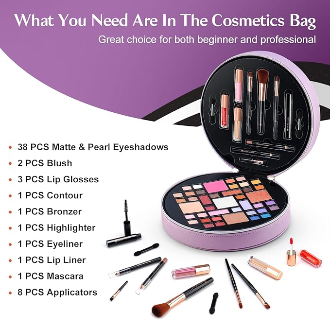Color Nymph All In One Makeup Kit For Teens With Portable Cosmetics Bag, Multiple Makeups For Begginers As New Year,Birthday Gift Included 38-Colors Eyeshadows Lipglosses Brushes (Purple)-BrightBean Baby