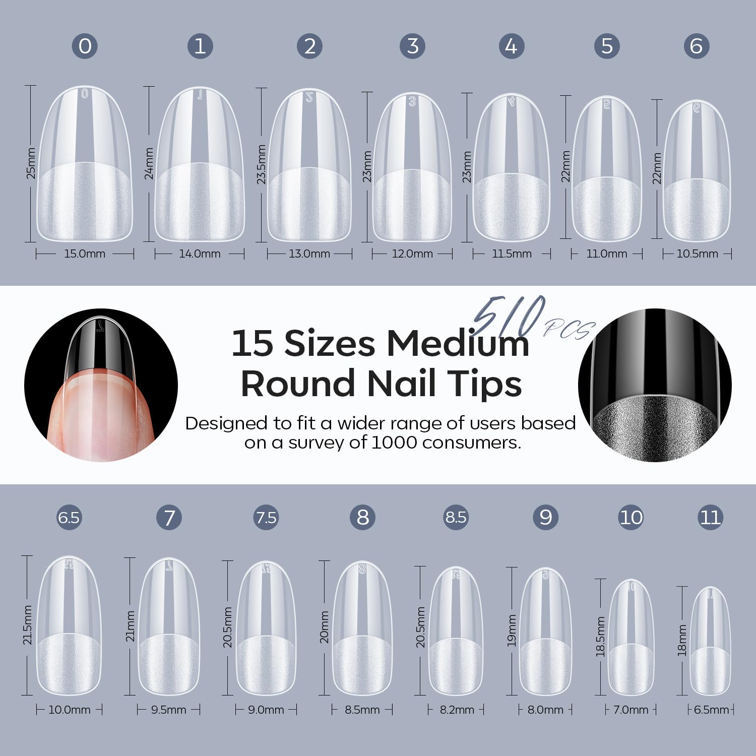Modelones Medium Round Oval Fake Nail Tips - 510Pcs Gel Tips Pre-shaped Half Matte Full Cover Clear Acrylic Gel Kit False Press on Nails for Extension DIY Salon 15Sizes-BrightBean Baby
