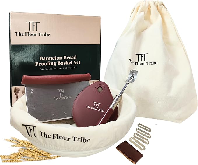 Banneton Bread Proofing Basket: Sourdough Bread Baking Supplies, Sourdough Starter Kit, Bread Making Supplies Tools, Baking Gift Set, 9 inch round rattan Basket, bread bag, dough scraper, scoring lame