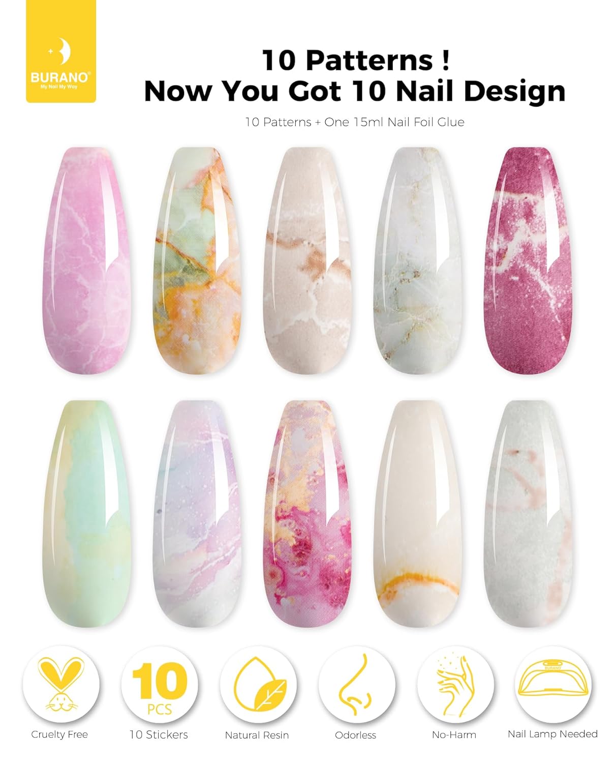 BURANO Nail Art Nail Foil Glue Gel, o.5 oz with 10PCS Foil Stickers Set Nail Foil Glue for Nails Foil Transfer Gel, Nail Design Home DIY UV LED Lamp Required (Marble Glitter) 22-BrightBean Baby