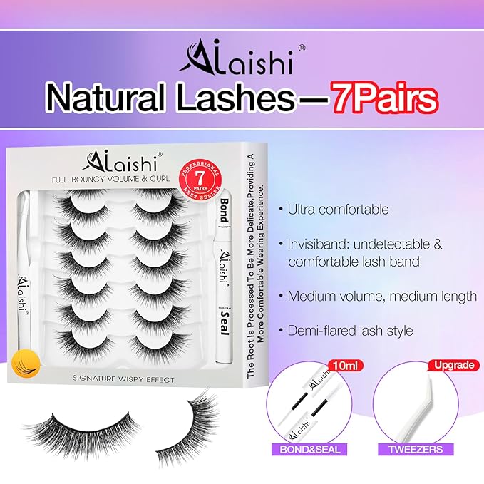 Wispy False Eyelashes Kit With Bond, Seal and Tweezer, 7 Pairs Natural Look Fake Cat Eye Lashes Strips Thin Band Extensions Waterproof Easy Eyelashes for Beginners RQ10-BrightBean Baby