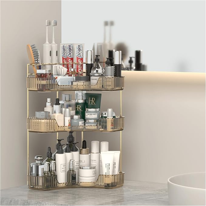 Corner Bathroom Counter Organizer with Top Toothbrush Holders, 3-Tier Make Up Organizers for Vanity with Brush Holder, Corner Storage for Bathroom, Kitchen, Dresser-BrightBean Baby