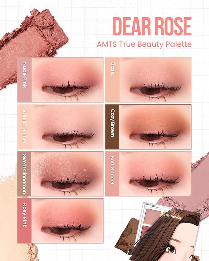 AMTS True Beauty Dear Rose Eyeshadow Palette, Matte Shimmer Glitter Highly Pigmented, Long Lasting, Cheek blush, K Beauty, Korean makeup-BrightBean Baby