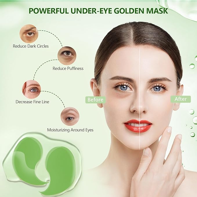 60 Pcs Green Under Eye Patches with 5 Pieces Travel 24K Gold Eye Mask, 30 Pairs Undereye Mask for Dark Circles Puffy Eye Treatment, Collagen Gel Pads Hydrating for Eye Bag Puffiness Wrinkle-BrightBean Baby