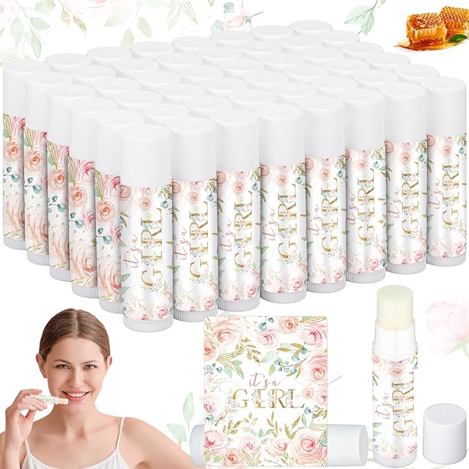 50 Pack Floral Baby Shower Lip Balm Party Supplies Bulk for Girls Guests It's a Girl Baby Shower Gifts Gender Reveal Favors Prizes Souvenirs Winners Thank You Appreciation Gifts-BrightBean Baby