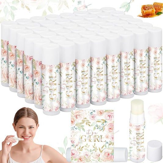 50 Pack Floral Baby Shower Lip Balm Party Supplies Bulk for Girls Guests It's a Girl Baby Shower Gifts Gender Reveal Favors Prizes Souvenirs Winners Thank You Appreciation Gifts-BrightBean Baby