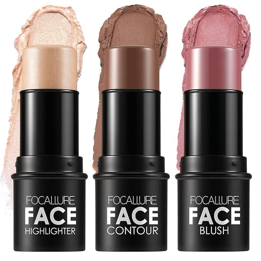 FOCALLURE 3 Pcs Cream Contour Sticks,Shades with Highlighter & Bronzer & Blush,Non-greasy Long-wear Face Contouring Pen,Easy to Sculpt the Face and Create a Lightweight Finishing Makeup,TAN-BrightBean Baby