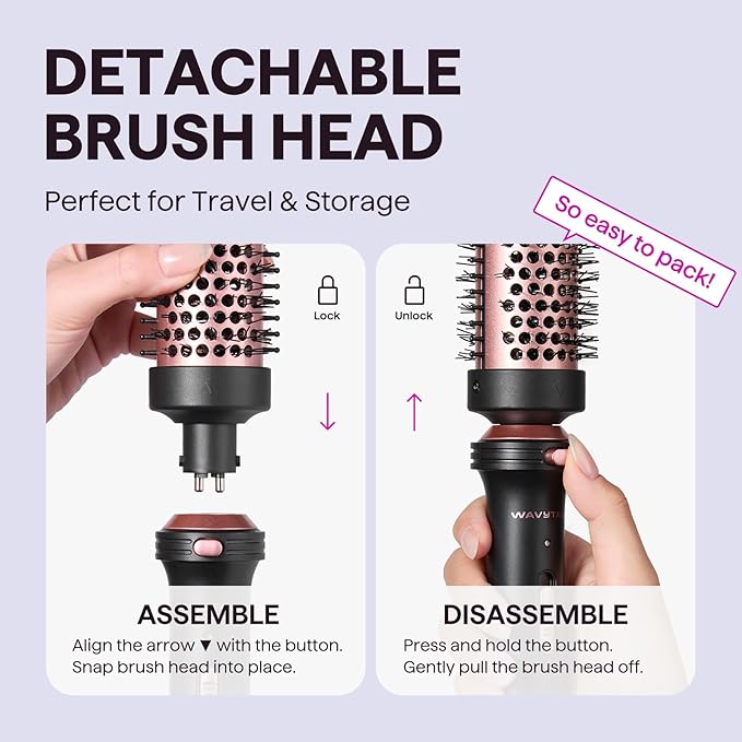 Wavytalk Thermal Brush, 1 1/2 inch Heated Round Brush with Detachable Head, Velvet Pouch and Dual Voltage for Travel, Easy to Create Blowout Look, Rose Gold-BrightBean Baby