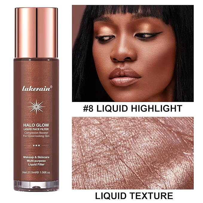 Natural Glow Liquid Filter Makeup, Longwear Face Luminizer, Complexion Booster For Any Part of the Body, Liquid Highlighter with Brush Kit, Infused Hyaluronic Acid, 1.06 fl oz (#08 RICH)-BrightBean Baby