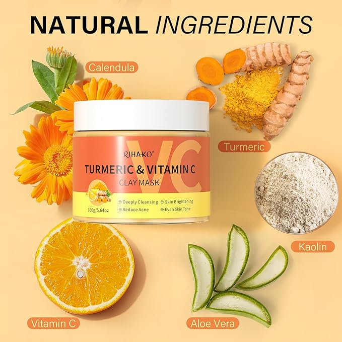 Turmeric Vitamin C Clay Mask -Turmeric Facial Mask - Brightening Clay Face Mask Skincare, Deep Cleansing Face Mask, Acne Face Mask for for Dark Spots, Dull Skin, Refining Pores and Controlling Oil-BrightBean Baby