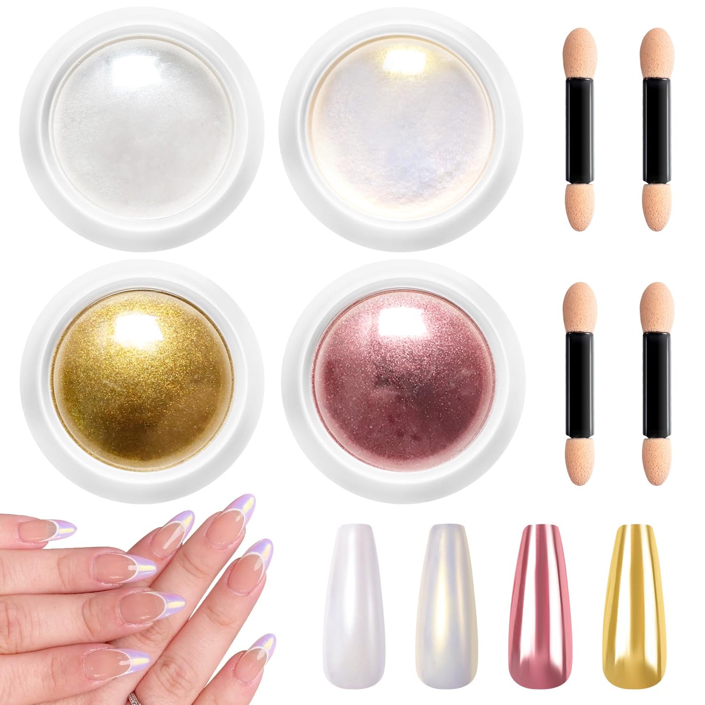 Gold Chrome Nail Powder BISHENGYF -【Magic Mirror Effect】 Pearl Chrome Nail Powder Aurora Mermaid Iridescent White Roas Gold Nail Chrome Powder Pigment Glitter Dust for Manicure Decroation DIY-BrightBean Baby