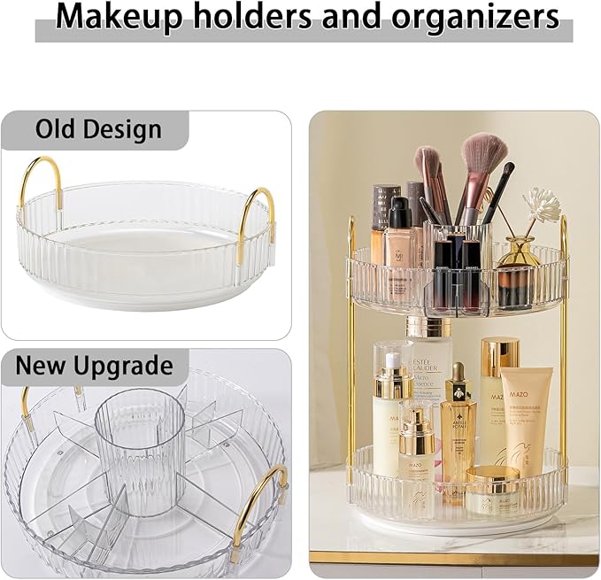 Rotating Makeup Organizer for Vanity, High-Capacity Skincare Clear Make Up Storage Perfume Organizers Cosmetic Dresser Organizer Countertop 360 Spinning (Clear, New-2 Tier)-BrightBean Baby